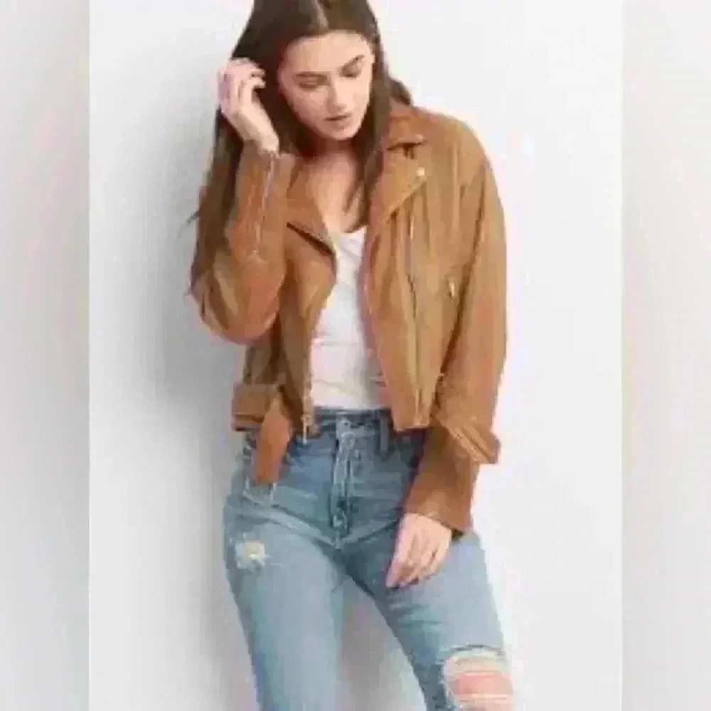 Gap Tan leather moto cropped jacket XS